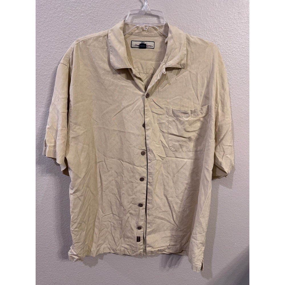Tommy Bahama Silk Shirt Mens Medium Button Up Camp Short Sleeve Beige